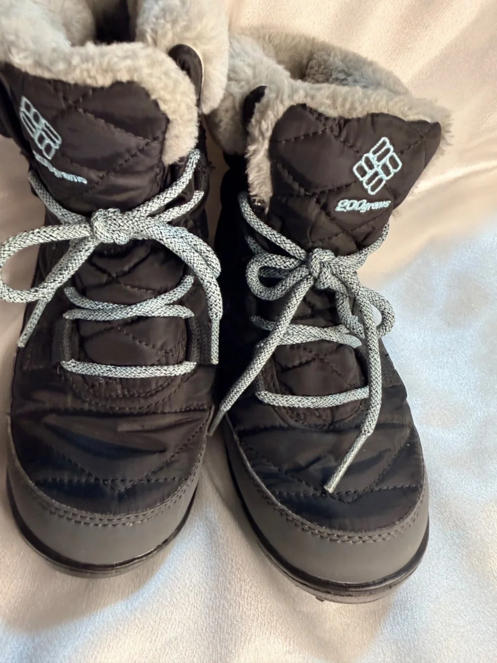 Columbia Kids Youth Winter Snow Boots Size 3 Black Gray Faux Fur Lined